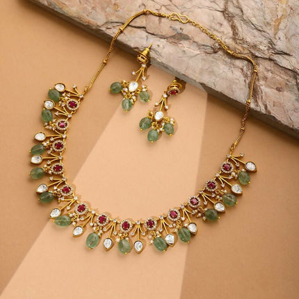 Natural Stones Antique Finish Earrings and Choker Necklace set - Ruby Raang